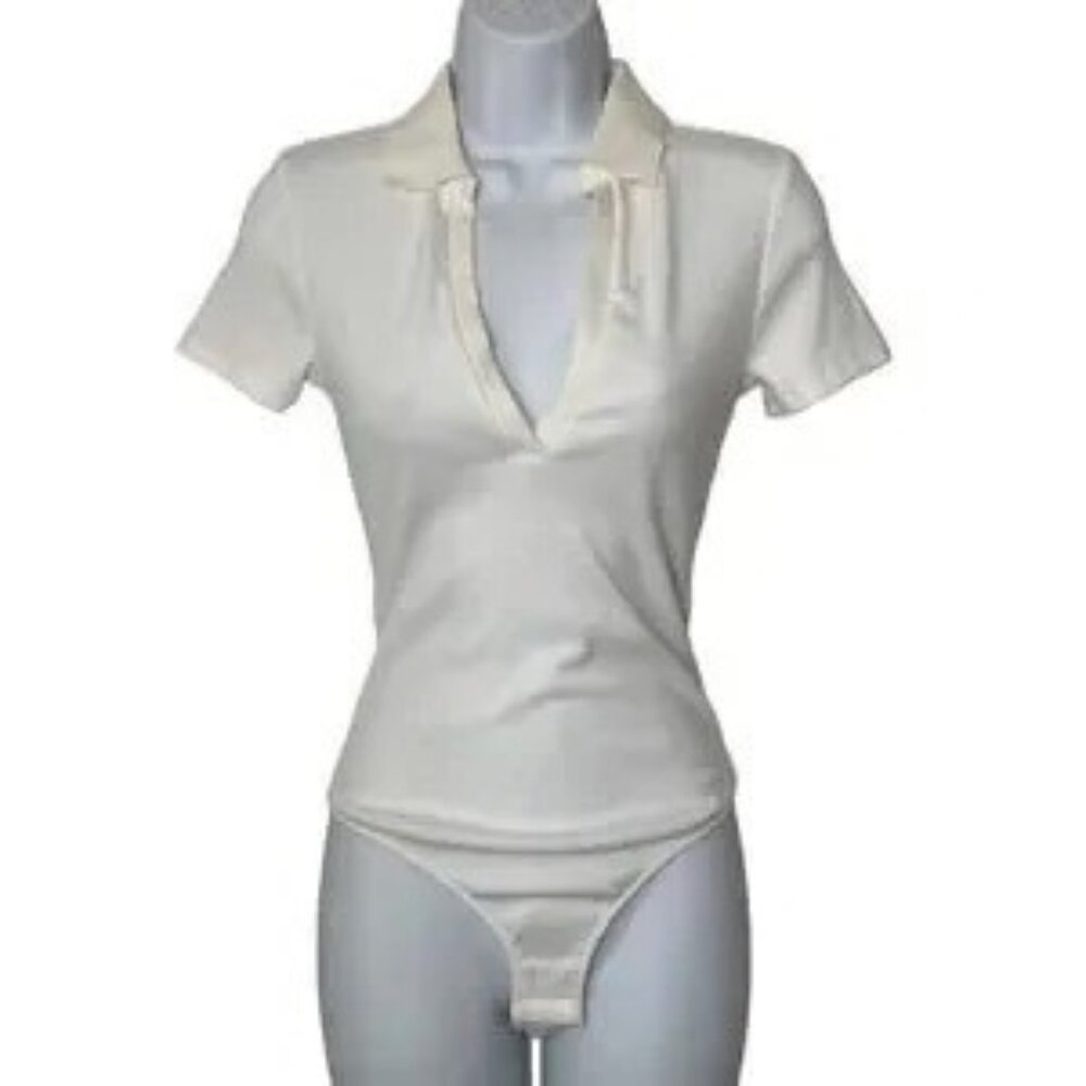 Free People NWT Serve Bodysuit Soft Stretchy Low Cut VNeck Short Sleeve White XS